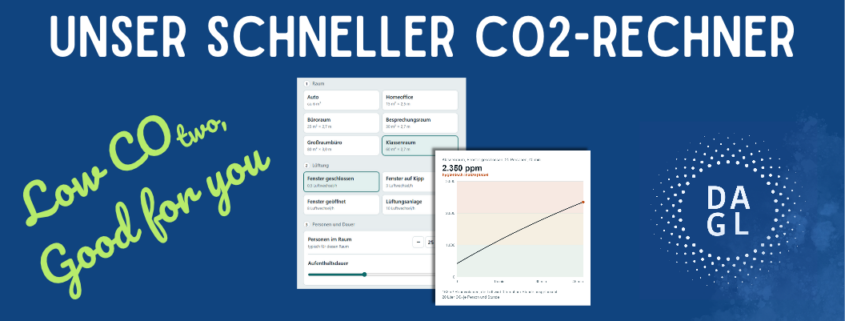 Unser schneller CO2-Rechner - das Banner zeigt einen Screenshot von dem neuen CO2-Rechner der DAGL und links daneben steht in grüner Schreibschrift der Slogan "Low COtwo is good for you". Unten rechnts in der Ecke befindet sich das Logo der DAGL.