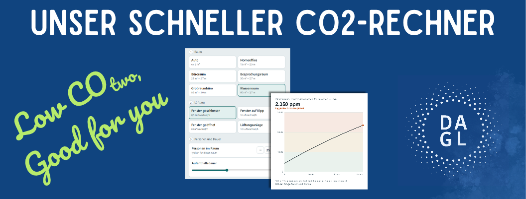 Unser schneller CO2-Rechner - das Banner zeigt einen Screenshot von dem neuen CO2-Rechner der DAGL und links daneben steht in grüner Schreibschrift der Slogan 